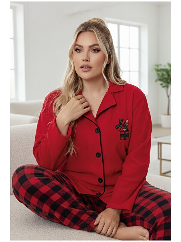 Siyah İnci Geyik Nakışlı Ekoseli Büyük Beden Polar Kışlık Örme Pijama Takım