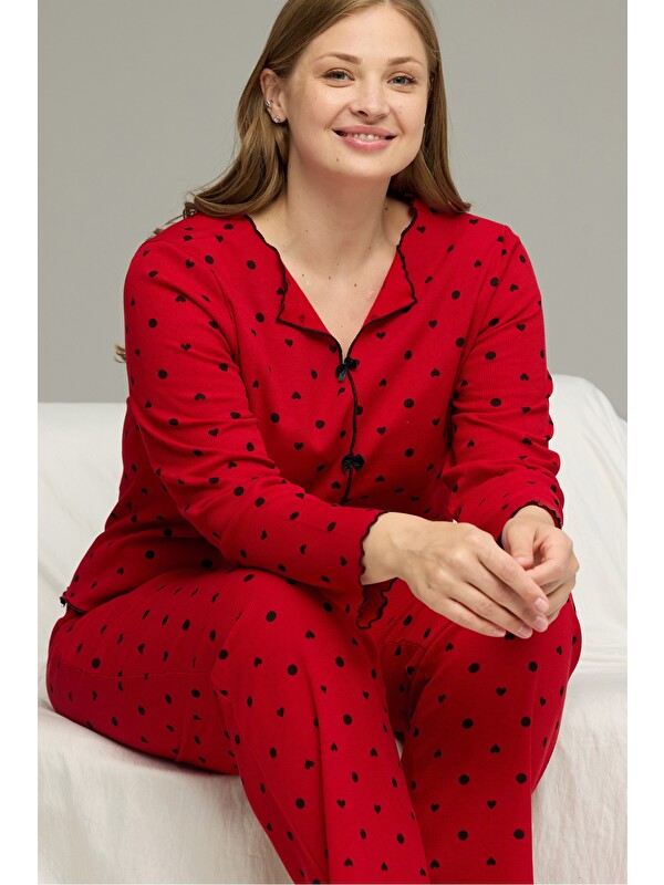 Siyah İnci Beden Battal Pamuklu Fiyonklu Fitilli Örme Pijama Takım25228001-6