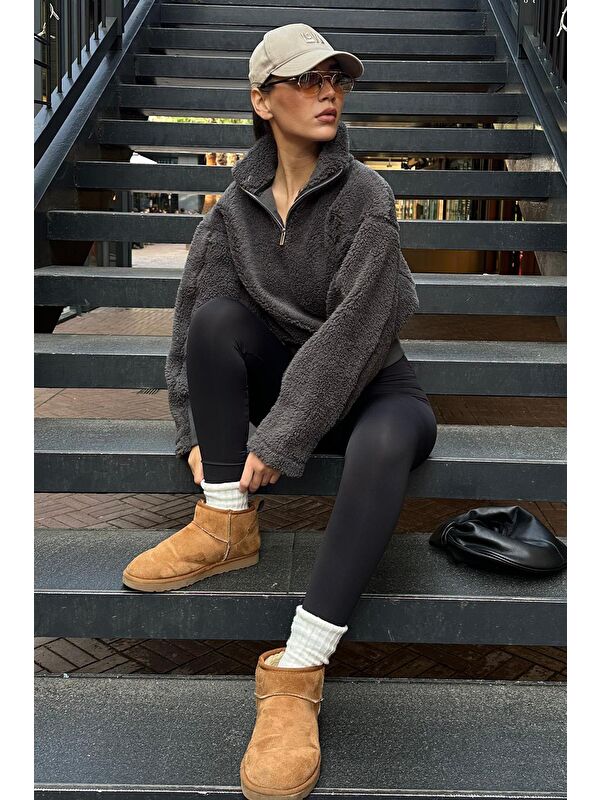 Madmext Füme Fermuar Yaka Kürklü Kadın Sweatshirt Mg2261