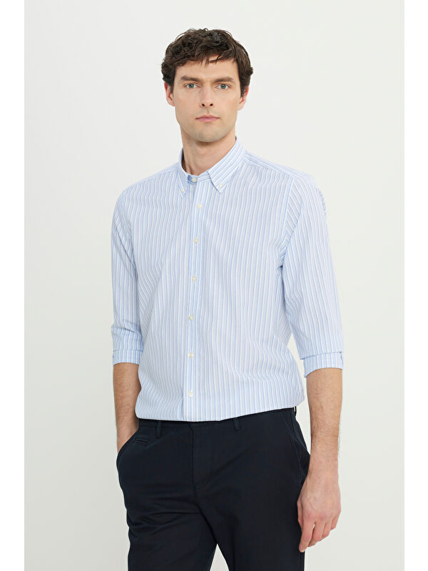 AC&Co / Altınyıldız Classics Erkek Beyaz-Mavi Slim Fit Dar Kesim Klasik Yaka Pamuklu Armürlü Gömlek