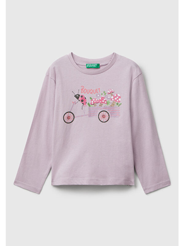 United Colors Of Benetton Kız Çocuk Lila Önü Parıltılı Baskılı Bisiklet Yaka Uzun Kollu T-shirt