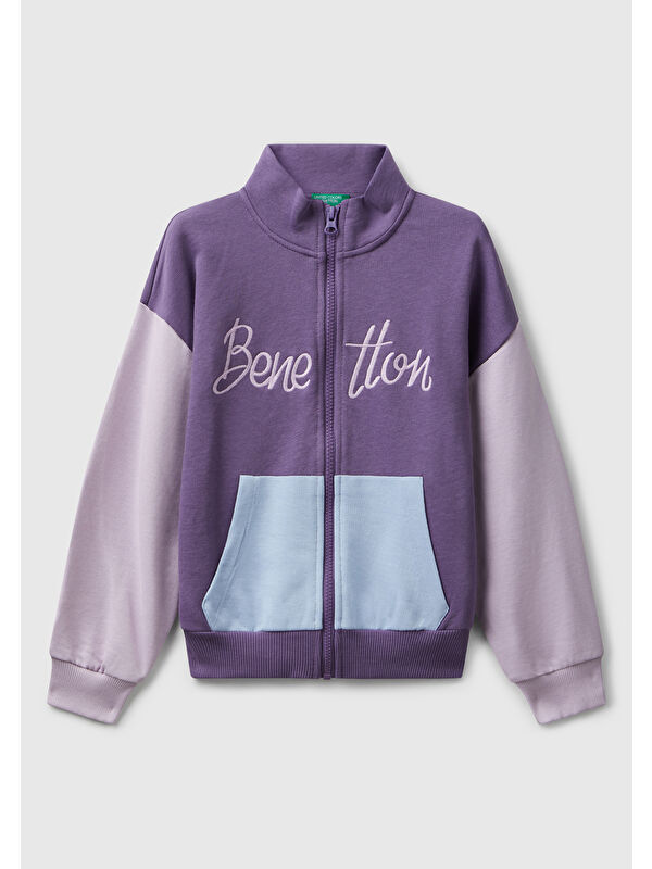 United Colors Of Benetton Kız Çocuk Mor-Mavi Önü Logo Nakışlı Cepli Fermuarlı Dik Yaka Sweatshirt