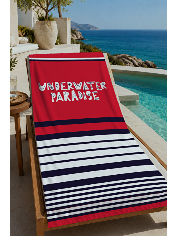 Milbay Grup Kırmızı Lacivert Çizgili Underwater Paradise Yazılı 70x150 cm Dijital Baskılı Plaj ve Banyo Havlusu