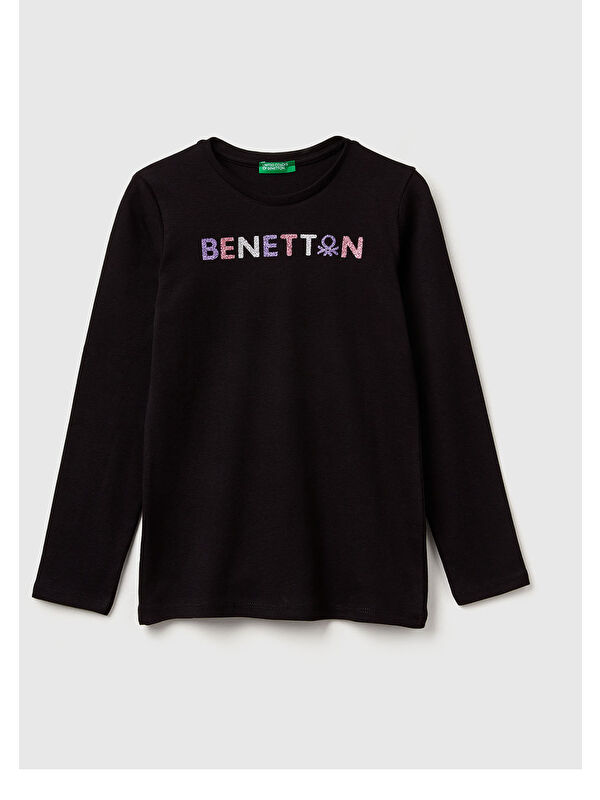 United Colors Of Benetton Kız Çocuk Siyah Önü Parıltılı Logo Baskılı Regular Fit Uzun Kollu T-Shirt