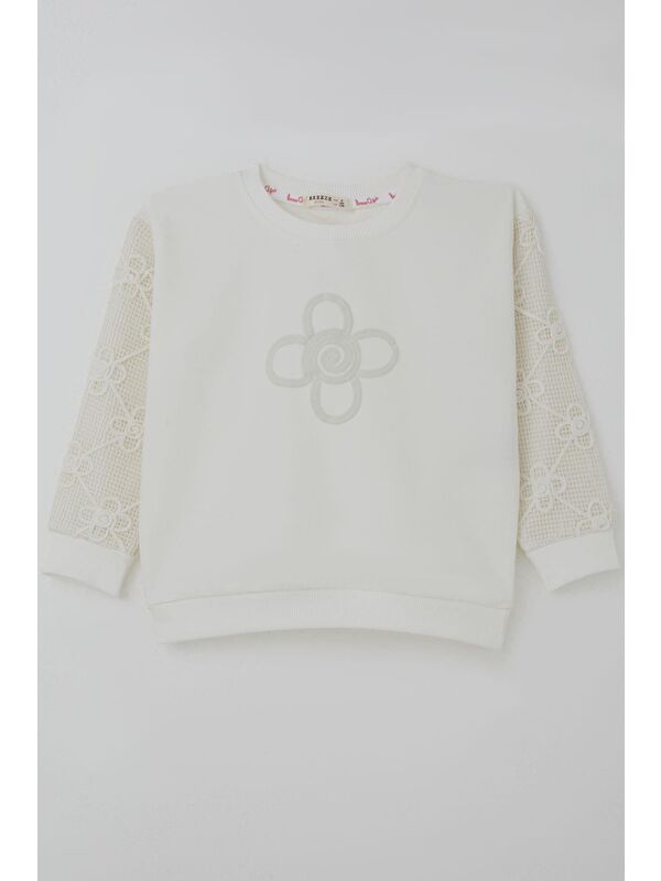 Breeze Kız Çocuk Sweatshirt Kolları Çiçek Aplike İşlemeli File Detaylı Ekru (5-10 Yaş)