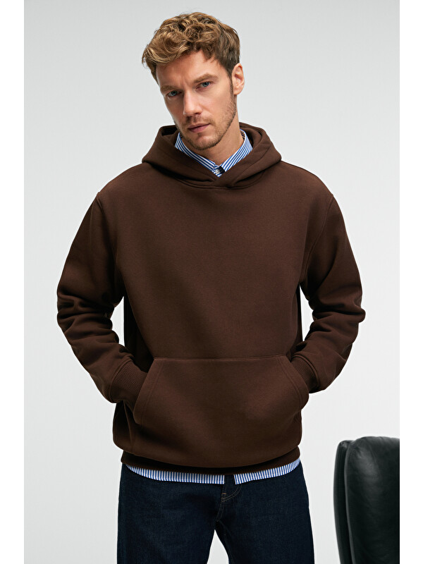 GRIMELANGE AMOS Erkek Yumuşak Kumaşlı 3 İplik Oversize Kapüşonlu Kanguru Cepli ACI KAHVE Sweatshirt