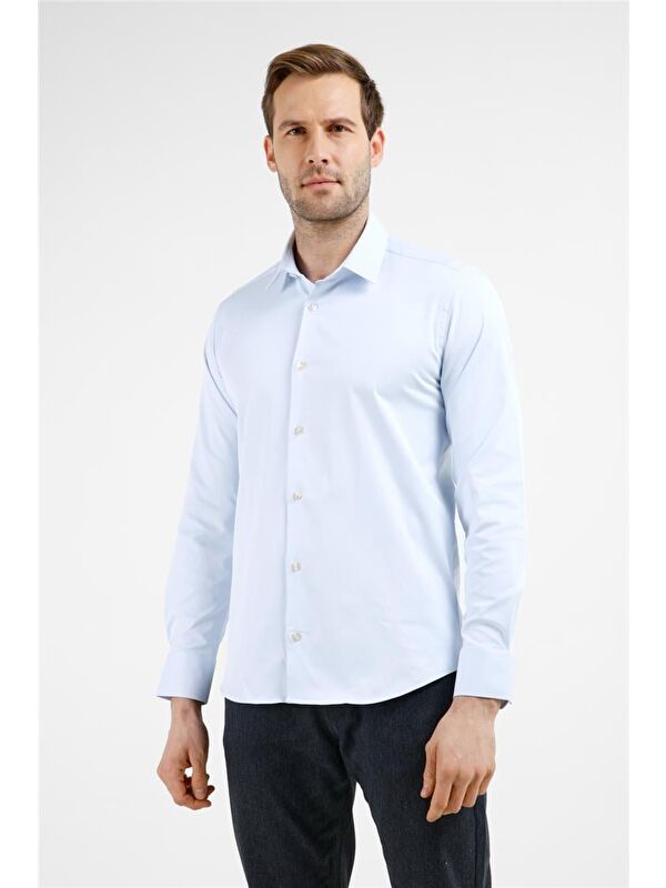 İMZA Mavi Sert Yaka Uzun Kol Cepsiz Slim Fit Pamuklu Gömlek 1004255228