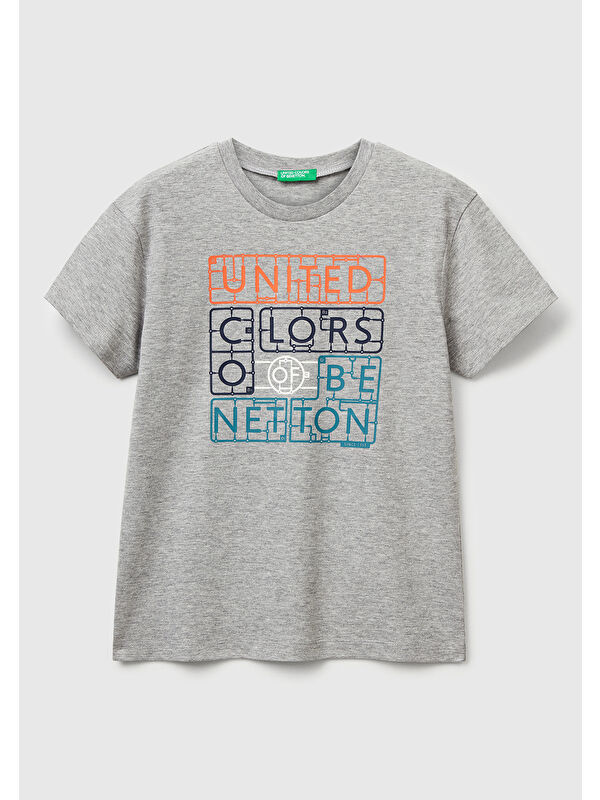 United Colors Of Benetton Erkek Çocuk Gri Melanj Önü Logo Baskılı Bisiklet Yaka T-shirt