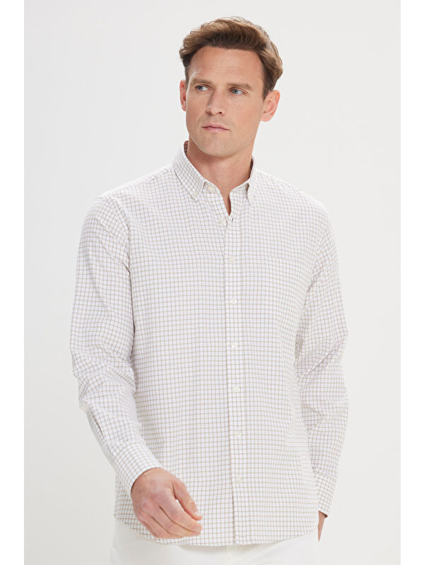 AC&Co / Altınyıldız Classics Erkek Beyaz-Bej Kolay Ütülenebilir Slim Fit Dar Kesim Düğme Yaka Gofre Desenli Gömlek