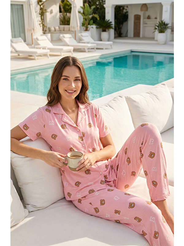 Remsa Kadın Kısa Kol Milan Kumaş Pijama Takımı 50101-724 Pudra02