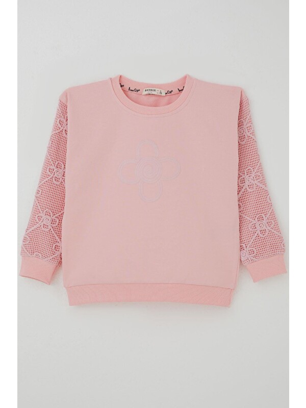 Breeze Kız Çocuk Sweatshirt Kolları Çiçek Aplike İşlemeli File Detaylı Pembe (5-10 Yaş)