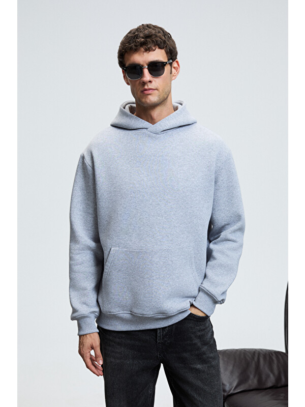 GRIMELANGE AMOS Erkek Yumuşak Kumaşlı 3 İplik Oversize Kapüşonlu Kanguru Cepli GRİ MELANJ Sweatshirt