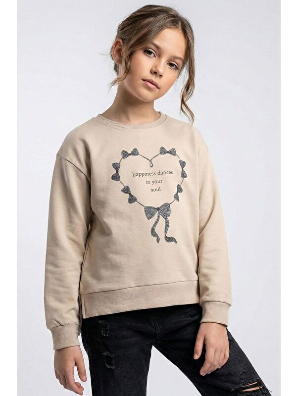 Breeze Kız Çocuk Sweatshirt Simli Kurdeleli Kalp Baskılı Bej (9-14 Yaş)