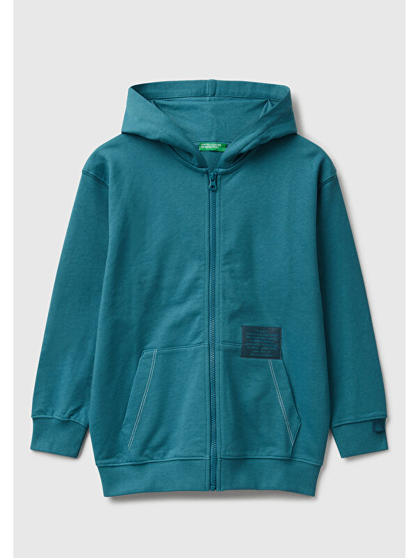 United Colors Of Benetton Erkek Çocuk Petrol Mavisi Logolu Etiket Detaylı Fermuarlı Kapüşonlu Sweatshirt
