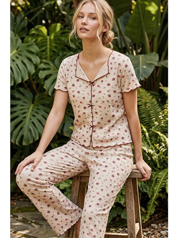 Siyah İnci Fitilli Kaşkorse Örme Pijama Takım 26120553