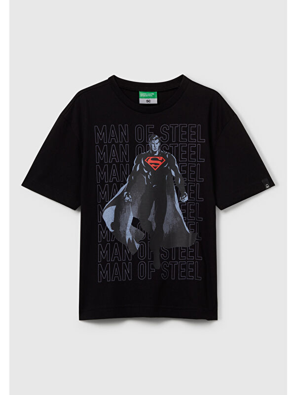 United Colors Of Benetton Erkek Çocuk Siyah Superman Baskılı Logo Etiketli T-shirt