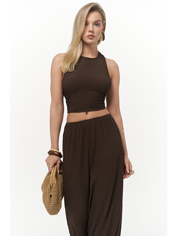 Mai Collection Ayshe Bağlamalı Kahve Crop Pantolon Takım