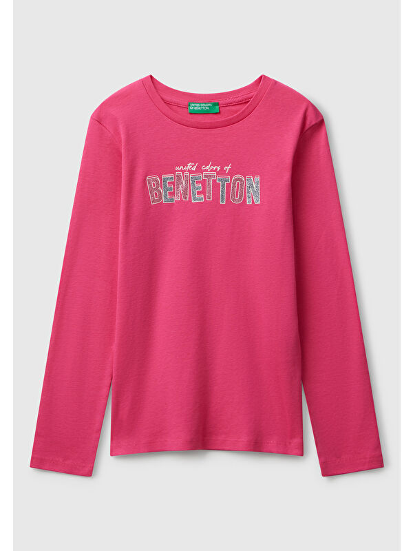 United Colors Of Benetton Kız Çocuk Pembe Parıltılı Logo Baskılı Regular Fit Uzun Kollu T-shirt