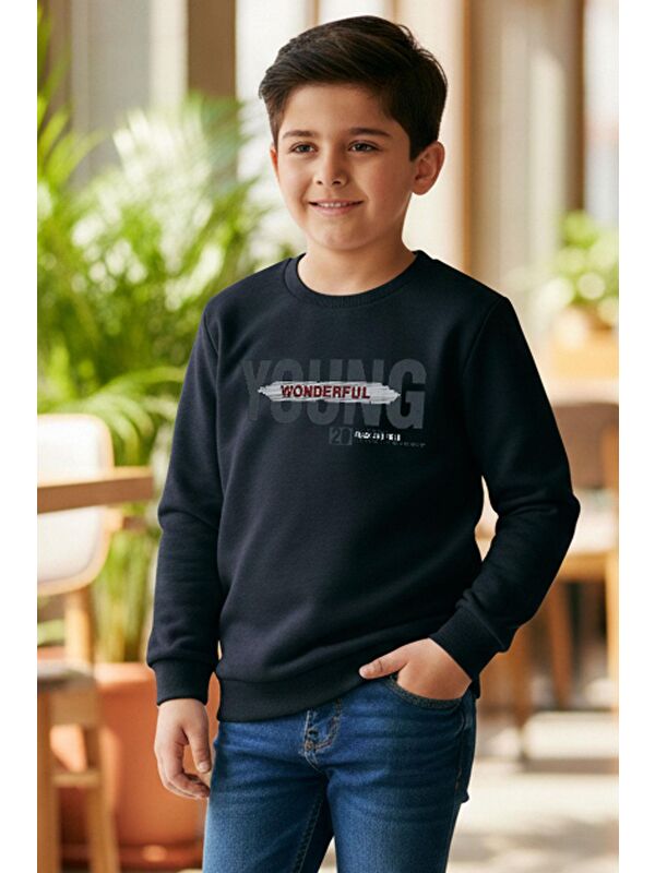 Breeze Erkek Çocuk Sweatshirt Yazı Baskılı Lacivert (8-14 Yaş)