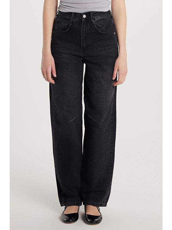 TUDORS Kadın Regular Fit Tokalı Geniş Paça Baggy Jean Jean Füme Pantolon