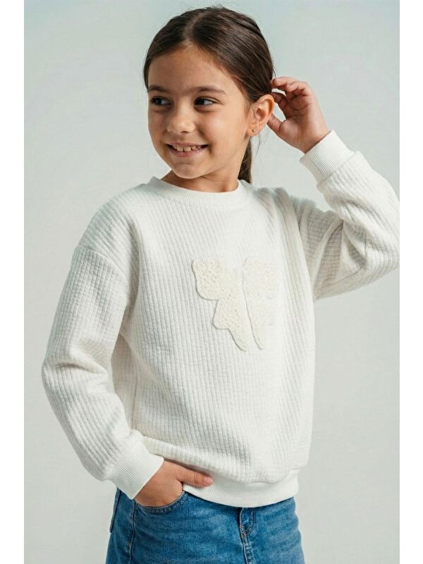 Breeze Kız Çocuk Sweatshirt Örgü Aplike Fiyonk Armalı Ekru (5-9 Yaş)