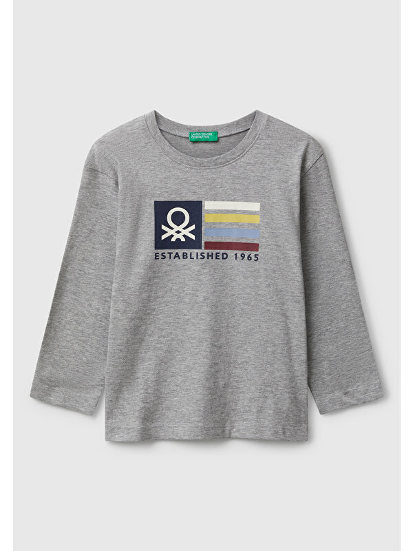 United Colors Of Benetton Erkek Çocuk Gri Melanj Organik Pamuklu Önü Logo Baskılı Uzun Kollu Jarse T-shirt