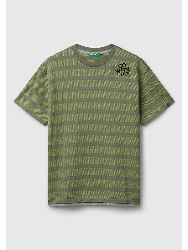 United Colors Of Benetton Erkek Çocuk Sarı Çizgili Önü Yazı Detaylı Kolu Logo Etiketli Oversize T-shirt