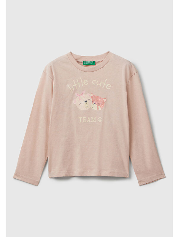 United Colors Of Benetton Kız Çocuk Toz Pembe Önü Parıltılı Baskılı Bisiklet Yaka Uzun Kollu T-shirt