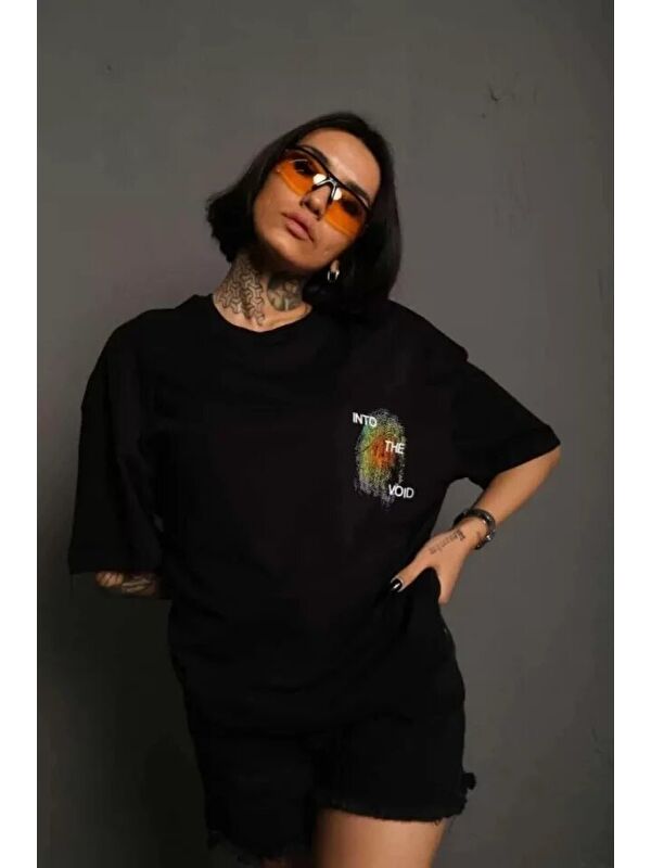 Jane's Unisex Bisiklet Yaka Baskılı Oversize T-Shirt - Siyah
