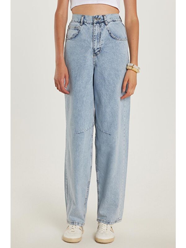TUDORS Kadın Regular Fit Tokalı Geniş Paça Baggy Mavi Jean Jean Pantolon
