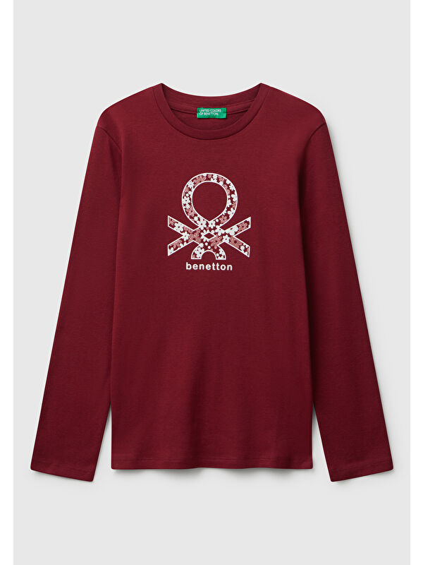 United Colors Of Benetton Kız Çocuk Bordo Parıltılı Logo Baskılı Regular Fit Uzun Kollu T-shirt