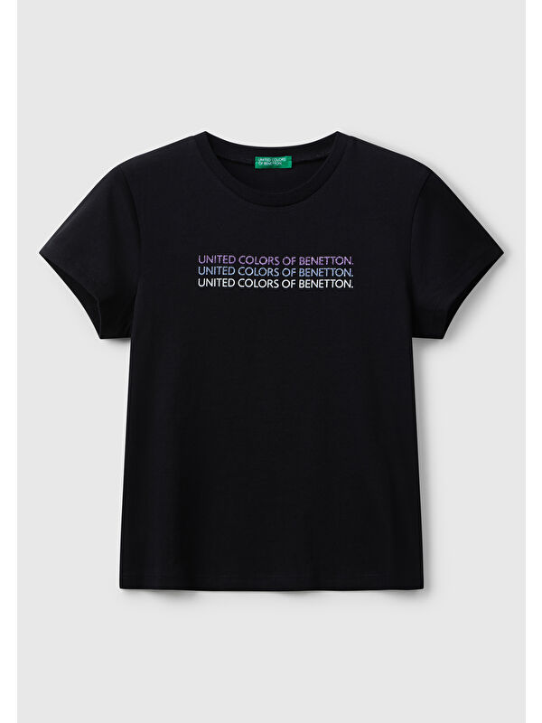 United Colors Of Benetton Kız Çocuk Siyah Parıltılı Logo Baskılı Ribana Yaka Regular Fit T-shirt