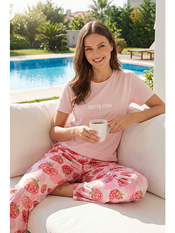 Remsa Kadın Kısa Kol Milan Kumaş Pijama Takımı 50107-3107 Toz Pembe