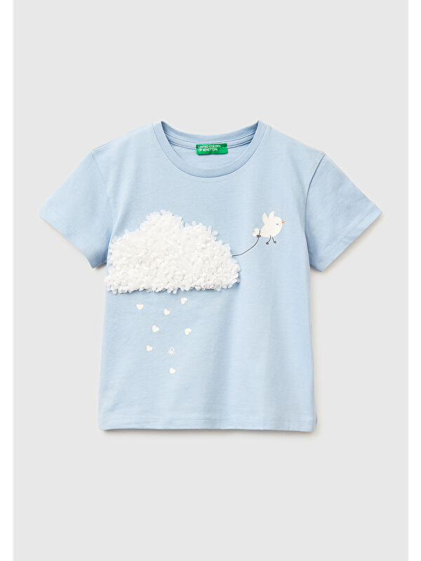 United Colors Of Benetton Kız Çocuk Buz Mavisi Su Bazlı Baskılı İşlemeli Bisiklet Yaka T-Shirt