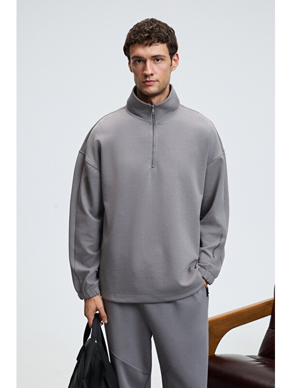GRIMELANGE EDISON Erkek Yarım Fermuarlı Kolu Baskılı Dik Yaka KOYU GRİ Sweatshirt