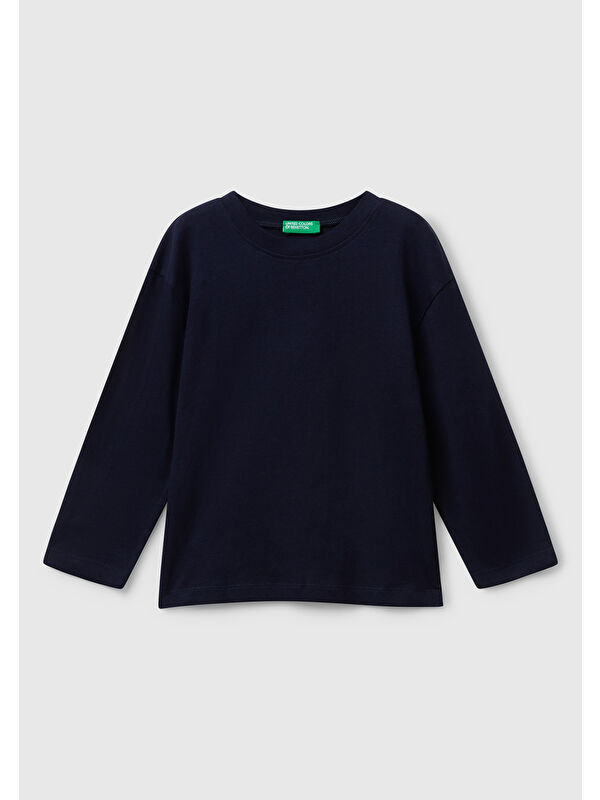 United Colors Of Benetton Erkek Çocuk Lacivert Baskılı Bisiklet Yaka Uzun Kollu T-shirt