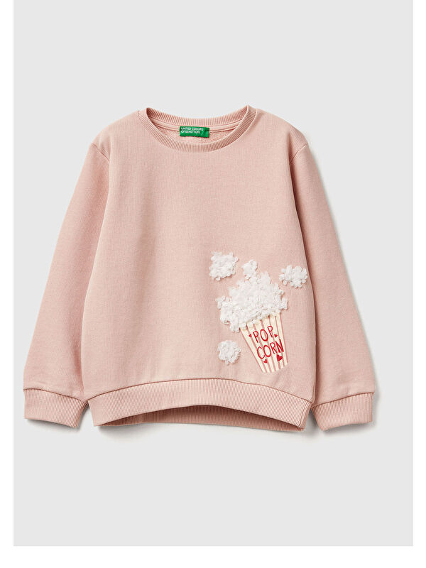 United Colors Of Benetton Kız Çocuk Toz Pembe Grafik Baskılı Ribanalı Regular Fit Sweatshirt