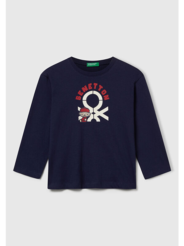 United Colors Of Benetton Erkek Çocuk Lacivert Çok Renkli Logo Baskılı Bisiklet Yaka Uzun Kollu T-Shirt