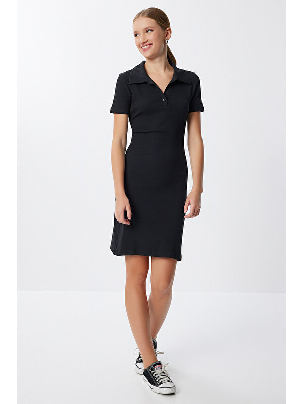 Happiness İstanbul Polo Yaka Fitilli Mini Örme Elbise SİYAH LMX0110