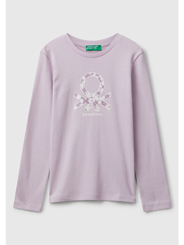 United Colors Of Benetton Kız Çocuk Lila Parıltılı Logo Baskılı Regular Fit Uzun Kollu T-shirt