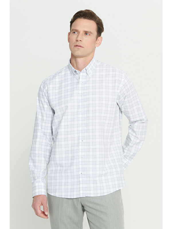 AC&Co / Altınyıldız Classics Erkek Beyaz-Haki Slim Fit Dar Kesim Klasik Yaka Pamuklu Armürlü Gömlek