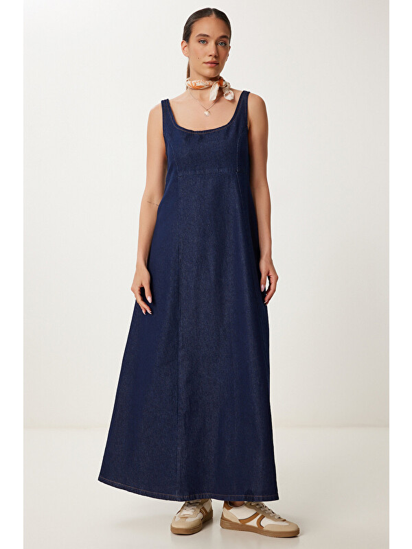 Happiness İstanbul U Yaka Askılı Uzun Çan Formlu Denim Elbise LACİVERT LRV0098