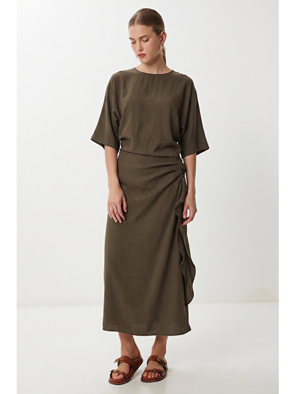Happiness İstanbul Drapeli Midi Modal Elbise HAKİ LNT0033