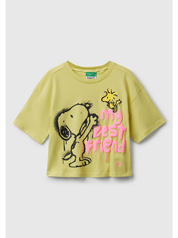 United Colors Of Benetton Kız Çocuk Hardal Önü Baskılı Jarse Boxy T-shirt