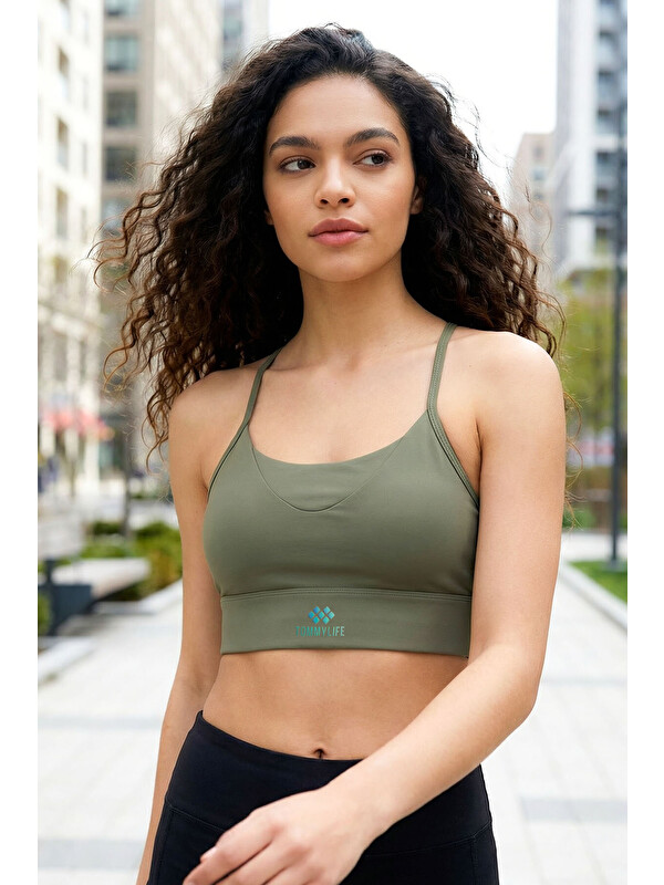 Tommylife Haki Standart Fit Baskılı Sırt Detaylı Kadın Spor Büstiyer - 97300
