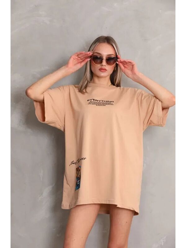 Jane's Unisex Bisiklet Yaka Baskılı Oversize T-Shirt - Bej
