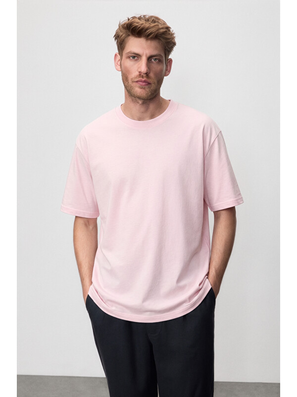 GRIMELANGE JETT Erkek Oversize Fit %100 organik Pamuk Kalın Dokulu Bisiklet Yakalı AÇIK PEMBE T-Shirt