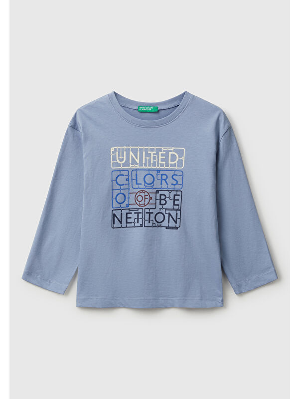 United Colors Of Benetton Erkek Çocuk Mavi Organik Pamuklu Önü Logo Baskılı Uzun Kollu Jarse T-shirt