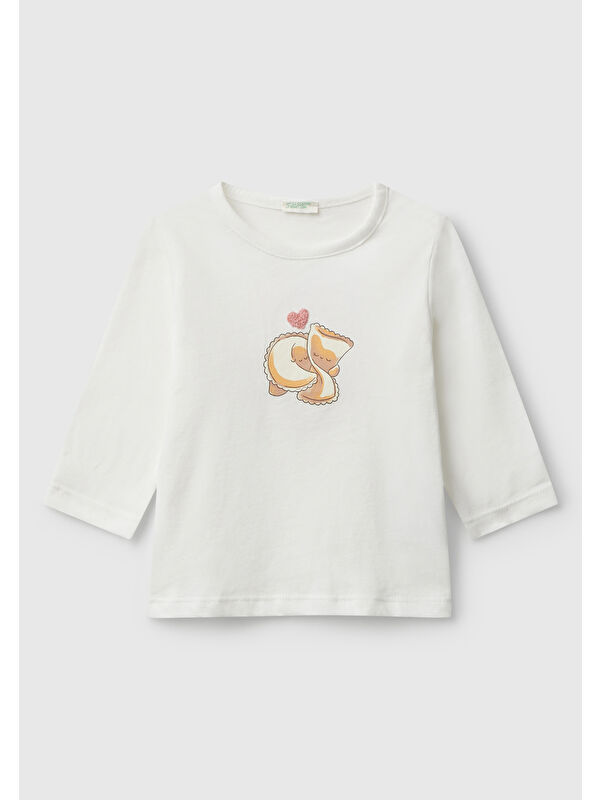 United Colors Of Benetton Bebek Beyaz Önü ve Arkası Yama Baskılı Uzun Kollu T-shirt