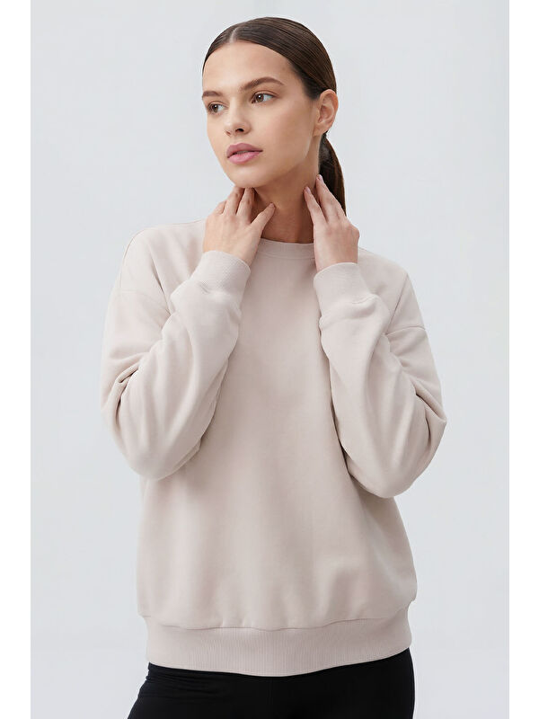 Tommylife Bej Basic O Yaka Oversize Kadın Sweatshirt - 97053